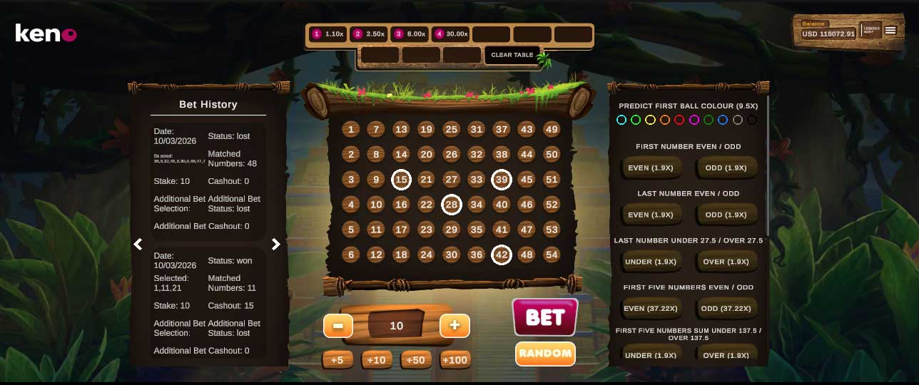 Free Keno gameplay interface on Betway for practice and fun