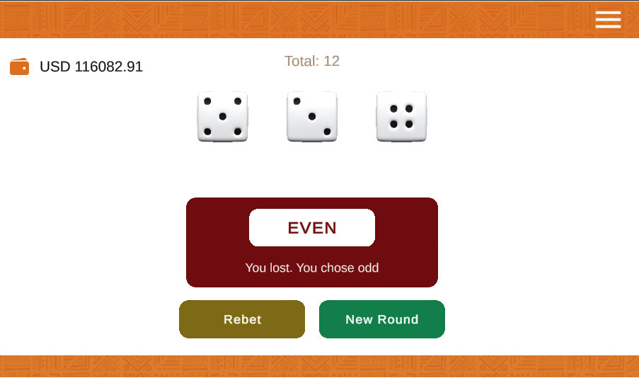 Betting interface for Odds or Evens dice game on Betway